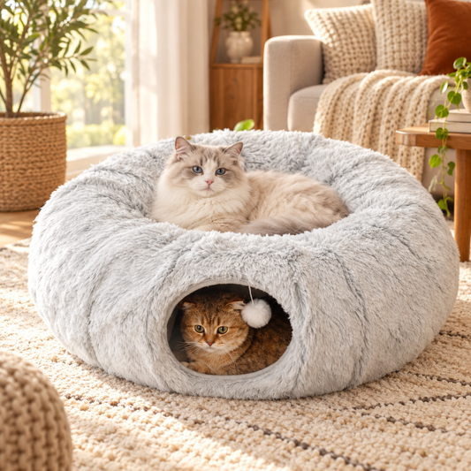 Cama de Felpa Multifuncional para Gatos con Túnel y Mirilla